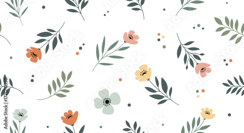 Modern seamless pattern featuring delicate colorful stylized flowers and green leaves with scattered dots on a clean white background, ideal for fabric, wallpaper, or digital projects.