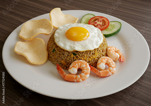 A plate of Nasi Goreng, Indonesian fried rice, topped with a fried egg and garnished with shrimp, crackers, cucumber, and tomato.