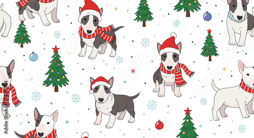 Festive seamless pattern featuring cute Bull Terrier dogs in Santa hats and red scarves, with Christmas trees, snowflakes, and ornaments.