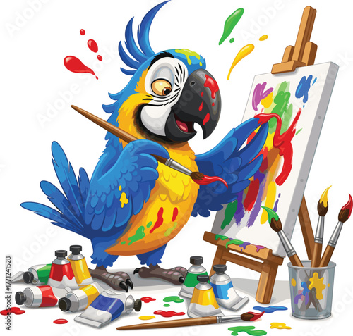 Funny cartoon blue and yellow macaw parrot painting on an easel