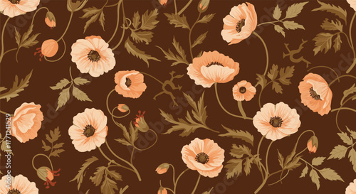 Seamless pattern of peach and cream colored poppies and intertwined leaves on a rich chocolate brown background.