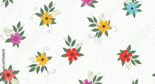 A cheerful and vibrant seamless pattern featuring colorful hand-drawn floral bouquets with green leaves and subtle speckles on a light background.