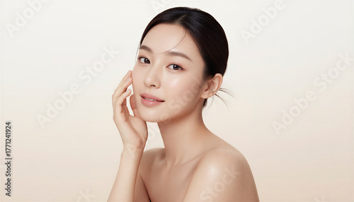 頬に手をあてるアップヘアの女性