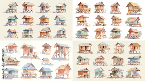 Watercolor set of stilt houses and fishing village homes. Traditional coastal architecture illustrations perfect for travel, culture, and maritime-themed projects.