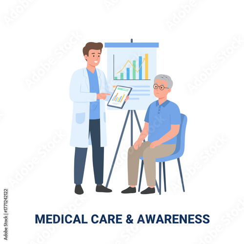 Flat vector illustration of doctor explaining diabetes test results to patient using tablet and glucose chart