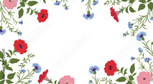 Colorful floral frame with red poppies, blue cornflowers, and pink and red trumpet flowers, surrounded by green leaves on a white background.