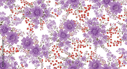 Seamless pattern with elegant purple flowers and vibrant red berries on a crisp white background, perfect for textiles or digital designs.