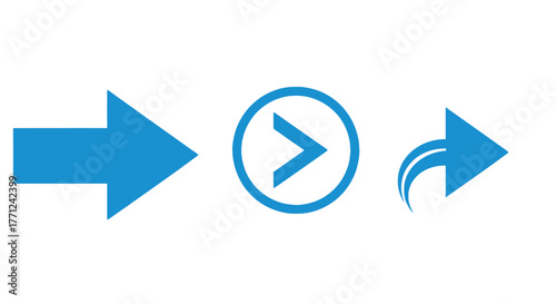 Vector illustration of a collection of three blue arrow icons, each with a distinct style, offering a range of options for wayfinding and user experience