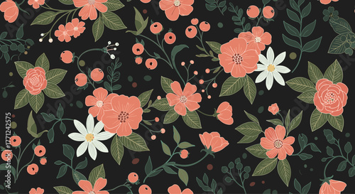A charming seamless floral pattern featuring whimsical coral blossoms, lush green leaves, and white daisies on a sophisticated dark background.