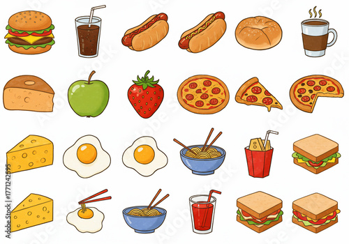 An illustration showcases a colorful collection of various food items including a burger, hotdogs, pizza, noodles, sandwiches, eggs, and drinks.