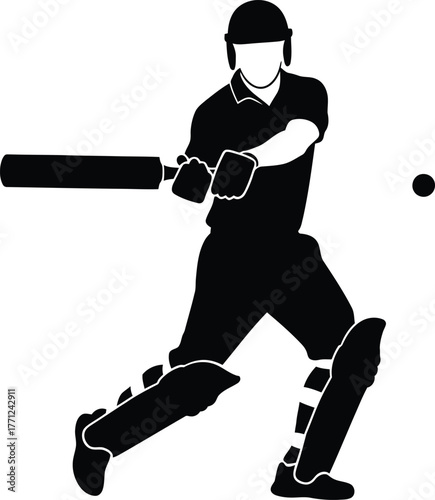 Silhouette of a cricketer batting in action