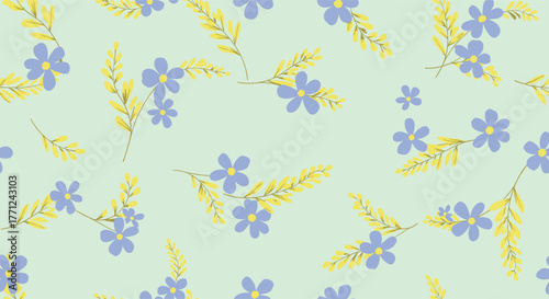 A charming seamless pattern featuring delicate blue flowers and golden leaves scattered on a soft pastel green background.