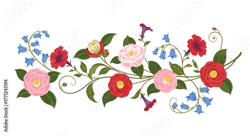 An elegant horizontal floral border with colorful camellias, blue bellflowers, and trumpet-shaped blooms, intertwined with green leaves and tendrils.
