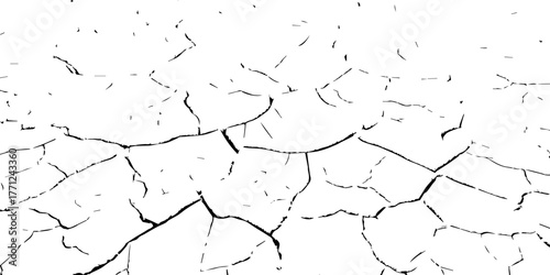 Vector cracked dry earth texture showing drought and climate change concept. Black and white cracked soil background design for environmental, nature, and global warming themes.