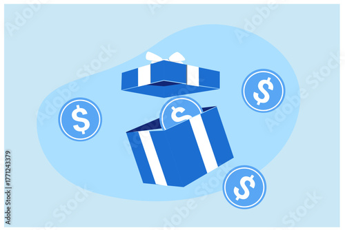 Gift box with dollars coins vector illustration