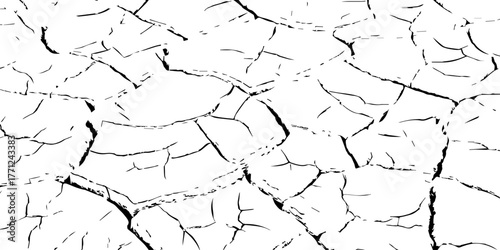 Vector cracked dry earth texture showing drought and climate change concept. Black and white cracked soil background design for environmental, nature, and global warming themes.