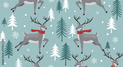 Seamless pattern of jumping deer with red scarves, evergreen trees, and snowflakes on a winter blue background.