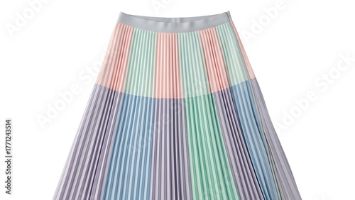 Colorful vertically striped pleated skirt displayed against a solid dark background