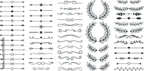 Large vector set of ornamental text dividers, wedding flourishes, laurel wreaths, and page separators.