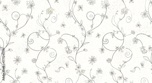 Subtle floral vine pattern with sketched flowers and tendrils on a textured off-white background.