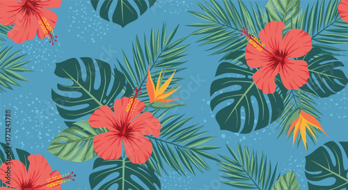 Vibrant seamless pattern with red hibiscus flowers, bird of paradise, and various green tropical leaves on a blue background.