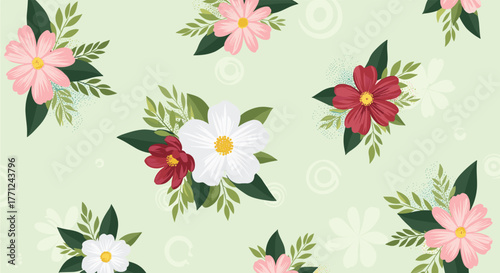 Beautiful seamless floral pattern featuring pink, white, and dark red flowers with green leaves on a soft pastel green background.
