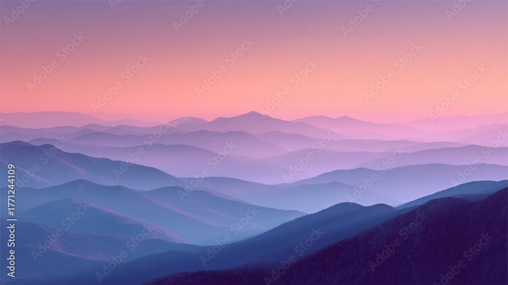 Fototapeta premium A landscape view of layered mountains with a beautiful pastel sunset above them