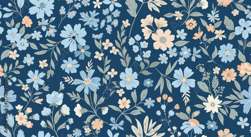 Seamless pattern of blue, peach, and white delicate flowers with green leaves on a dark navy background.
