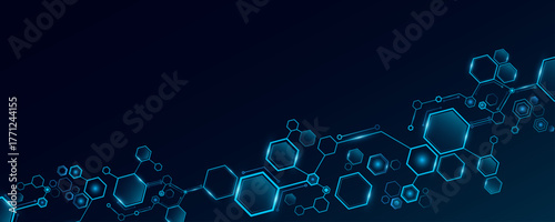 Futuristic connected blue hexagons with light effect for Technology or Science background. Cyber hexagonal pattern for scientific research presentation or UI design. Vector Illustration.