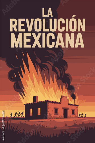 La Revolución Mexicana with Burning Building and Smoke Illustration