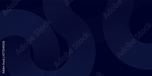 Modern dark blue abstract horizontal banner background with glowing geometric lines. Shiny blue diagonal rounded lines pattern. Futuristic concept. Suit for cover, brochure, presentation, flyer, web
