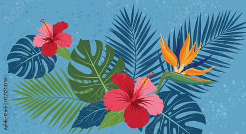Vibrant tropical flowers, including hibiscus and bird of paradise, along with lush palm and monstera leaves, on a textured blue background.