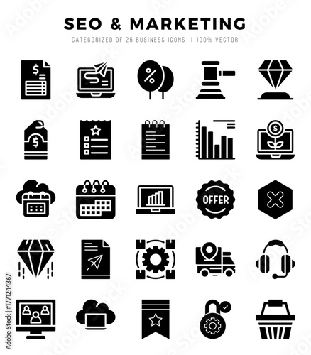 SEO & Marketing icons set. Collection of simple Glyph web icons.