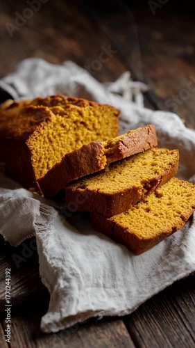 Freshly baked pumpkin bread on rustic cloth, warm and inviting autumn treat, perfect for Thanksgiving gatherings and cozy mornings