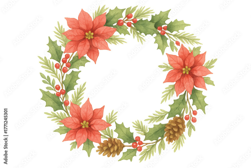 Obraz premium Watercolor christmas wreath displaying poinsettia flowers, holly berries, pine needles, and pine cones on transparent background