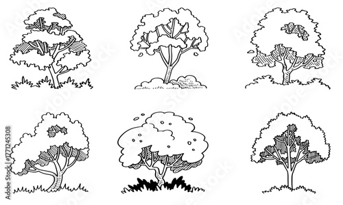Minimal Cartoon Tree Drawings – Simple CAD Line Art Tree Illustration Design
