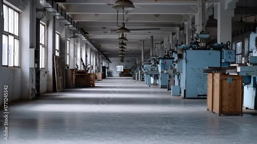Empty industrial workshop, rows of machinery in a quiet factory, natural light streaming through large windows creates a serene yet industrious atmosphere