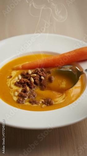 Steaming pumpkin soup garnished with pine nuts and spices, evokes warmth and autumn comfort, perfect for Thanksgiving or cozy winter meals