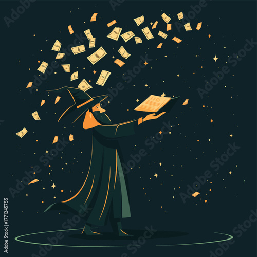 Flat art business concept illustration. Franchise character as a wizard casting money rain to fall. Metaphor of success.   , vector style simple color