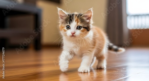 Playful Kitten's Journey: A captivating image of an adorable, multi-colored kitten on a wooden floor, capturing its curious and playful nature.