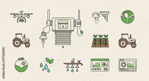 Set of agriculture technology icons vector line design for smart farming and automation isolated on light background