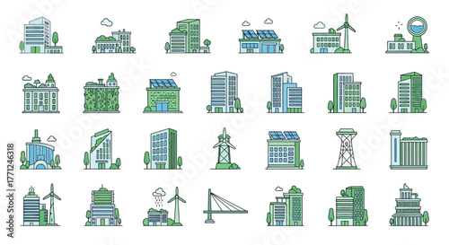 Set of green city building icons modern flat vector illustration for sustainable urban development isolated on white background