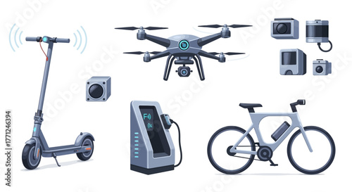 Set of modern transportation and technology icons flat vector illustration of electric scooter drone camera charging station and e-bike isolated on white background