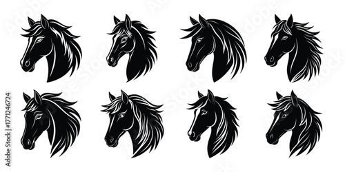 Collection of eight stylized black horse head illustrations with textured brush strokes on a white background