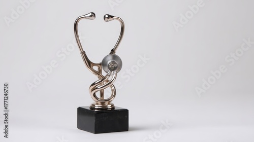 Elegant silver stethoscope intertwined with a polished award statue on a black base, symbolizing excellence in healthcare against a clean white background with ample copy space