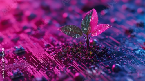 A vibrant plant emerging from a circuit board. The fusion of technology and nature symbolizes growth. Embrace the future where innovation meets sustainability. Generative AI