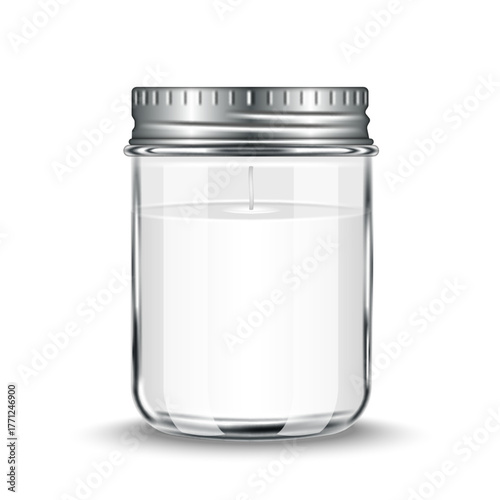 Realistic soy wax candle in clear glass jar with silver metal lid 3d vector mockup for home decor isolated on white front view, aromatherapy, or luxury cosmetic packaging design.