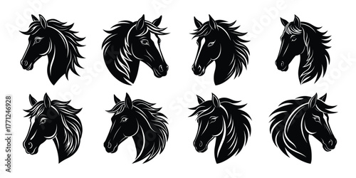 Collection of eight stylized black ink horse head illustrations with flowing manes and textured brushstrokes