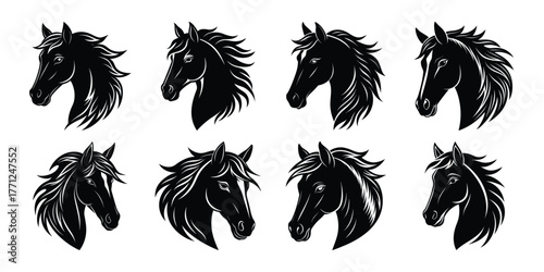 Collection of eight stylized black horse heads with flowing manes in a graphic illustration style