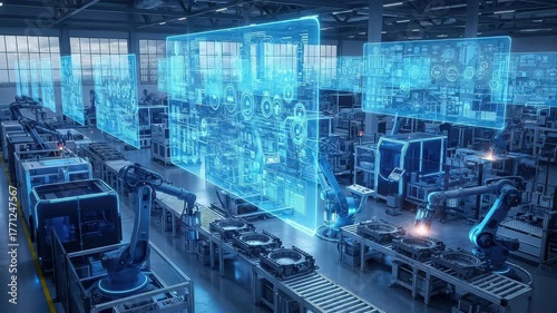 Futuristic factory with robotic arms and holographic displays showcasing advanced manufacturing processes